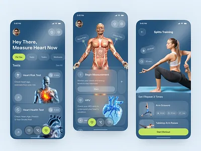 Heart Health & Fitness App — AI-Powered Body & HRV Tracker UI ai ai health app app design body scan app fitness app fitness tracker glassmorphism health app health monitor heart rate tracker hrv monitor medical app mobile mobile app smart health ui design wellness app workout app