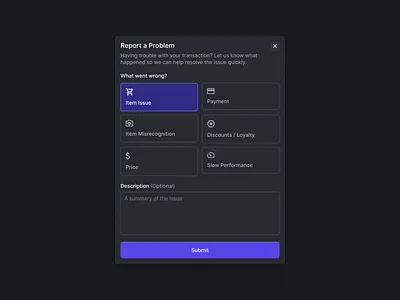 Modal - Report a Problem app design product saas ui ux