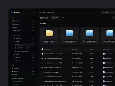 Dark mode documents bachanek dashbaord docs documents folders kamil knowleadge list saas sidebar ui ux