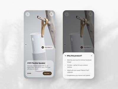 E-commerce AI — “Smart Match” ai design ai interface e commerce explainable ai glassmorphism interaction design minimal ui modern ui personalization product card product recommendation smart match transparent ai ui animation ux concept