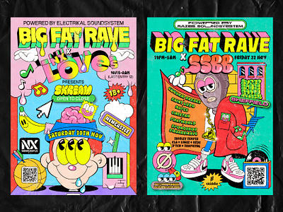 Big Fat Rave — Event Poster Design 90sstyle cartoon character cartoonart design drumandbass eventposter flyerdesign funkyart graphicdesign illustration musicfestival musicposter old cartoon old school posterdesign psychedelicart raveposter undergroundmusic vintage