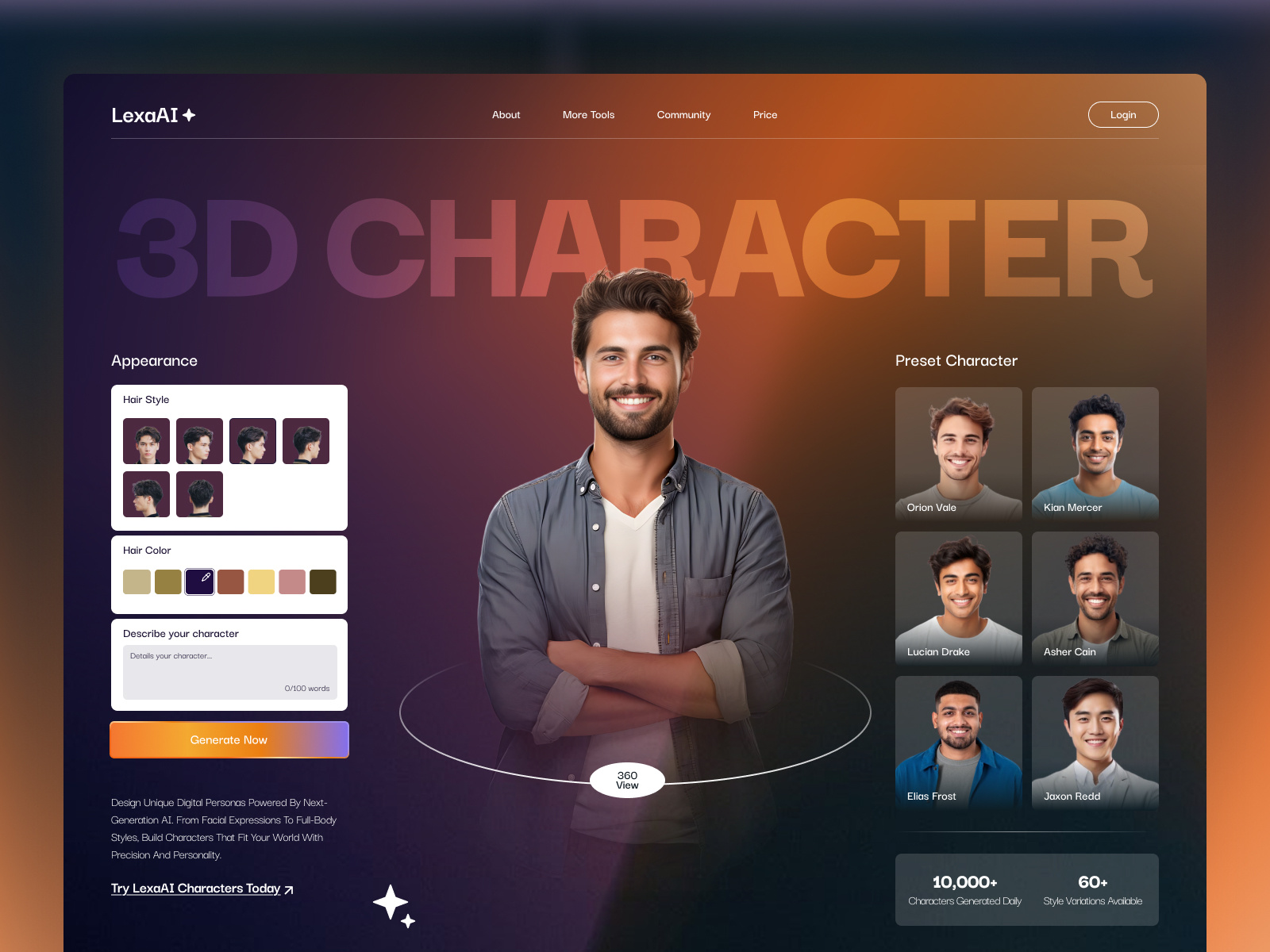 LexaAI The Future of 3D Character Generation 3d 3d website ai ai header ai hero section ai landing page ai website dark website framer futuristic website model generator website saas shopify techwitpro uiux web ui web3 design webflow wordpress