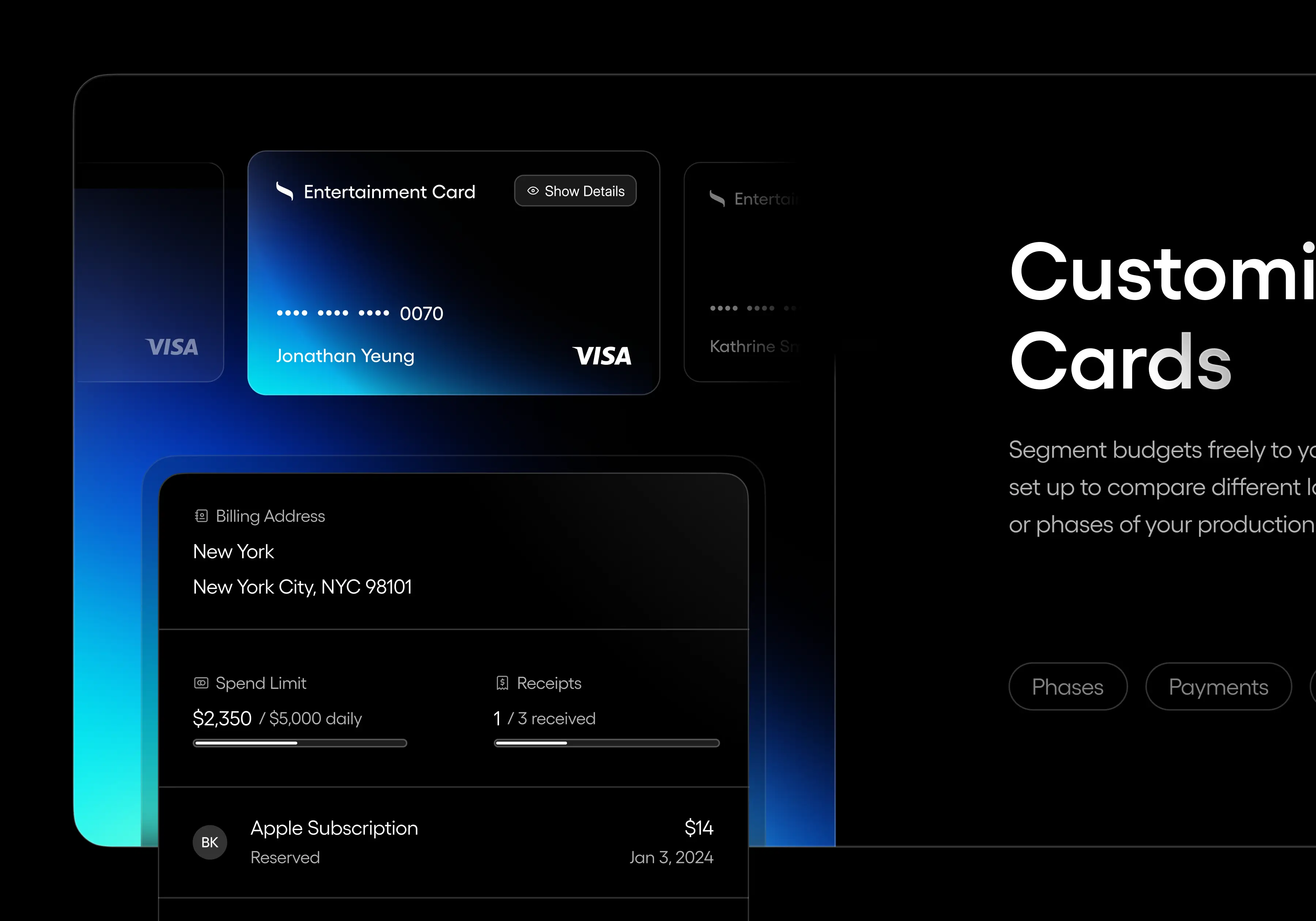 Cards section budgeting dark mode design landing page production production management ui ux