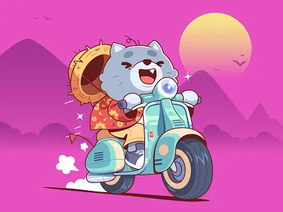 Traveling with the breeze cartoon cat character characterdesign design illustration ride scooter summer traveling vacation vector