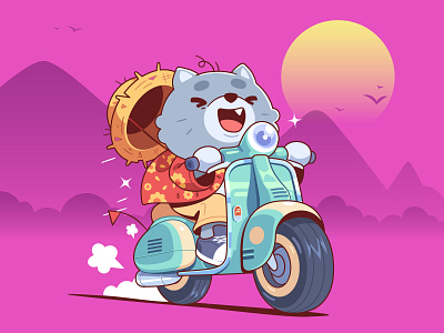 Traveling with the breeze cartoon cat character characterdesign design illustration ride scooter summer traveling vacation vector