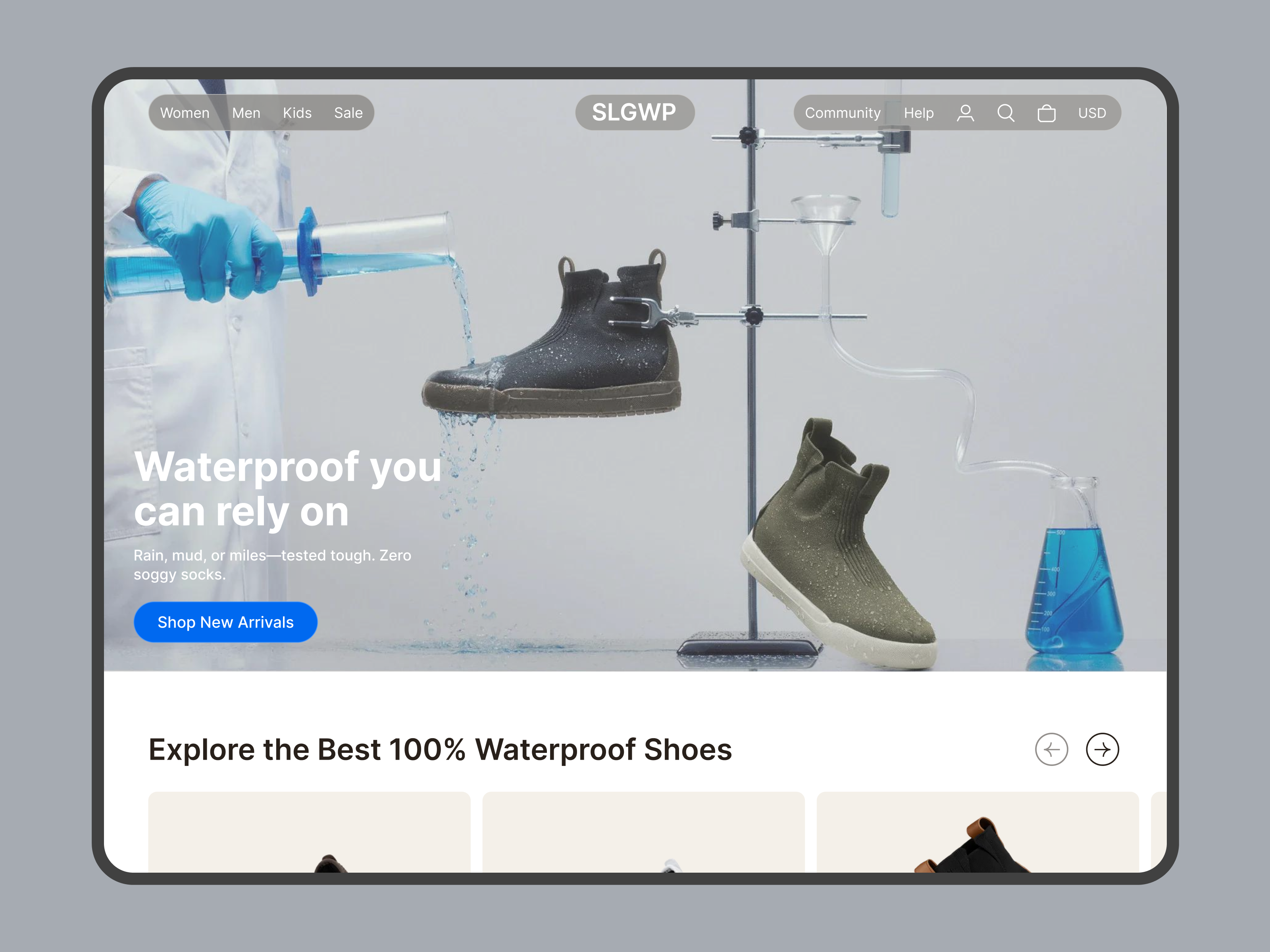 Waterproof eCommerce landing page accessories apparel dribbble inspiration ecommerce fashion brand figma design footwear design landing page lean ui minimal design modern website online store product page shoe store shopify shopify website uiux ux design waterproof web design