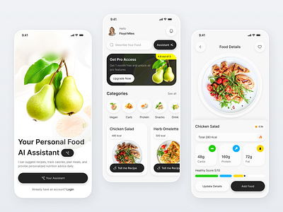 AI - Food Calorie App Design ai design app design calorie app calories clean ui daily ui fitness app food calorie food calorie app food recipe health app minimal design mobile mobile app modern concept nutrition app onboarding recipe app ui ux white design