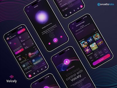 Voicely – AI Voice Assistant App 3d 3d designs ai app design android app design app concept artificial intelligence creative design dark mode design figma design futuristic design gradient ui ios app design mobile app ui modern app ui music smart assistant tech design voice assistant voice assistant app