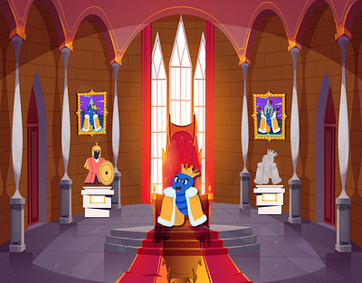 Royal Throne Room Hero Banner | King Mascot Illustration adobe illustrator photoshop blue mascot character bold lighting shadows brand identity visuals castle throne room cathedral window light crypto web3 branding flat vector style game guild branding gothic castle interior king mascot illustration medieval palace scene memecoin hero header parallax ready background playful royal character royal landing banner social sharing optimized ui hero illustration vector fantasy environment website hero artwork