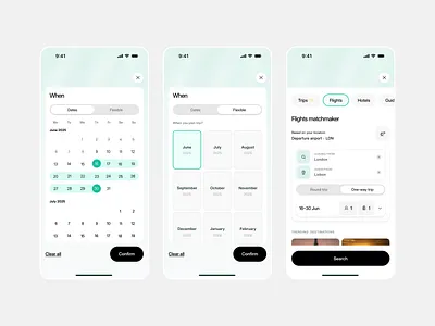 Book a flight flow app app design calendar clean design flow minimal mobile mobile app modern travel app ui user flow ux
