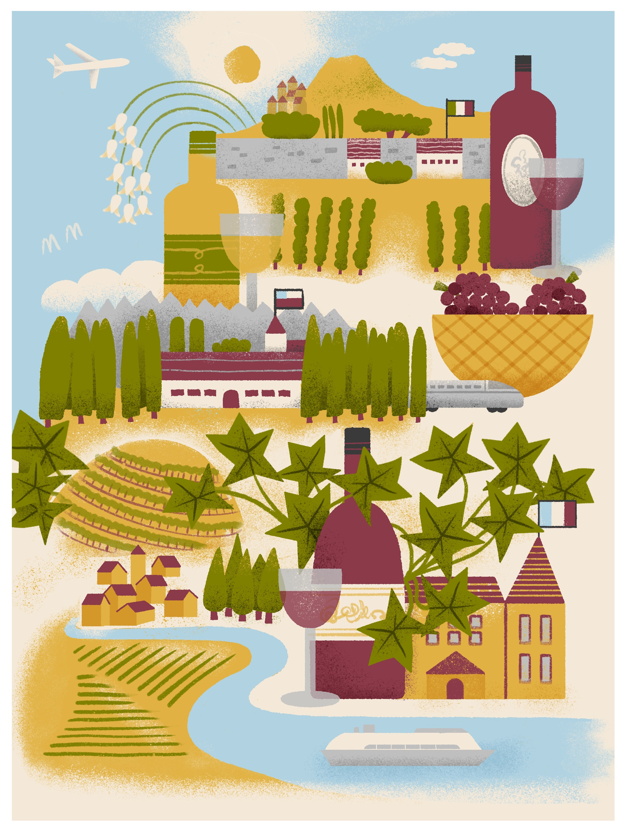 Passport to Value editorial illustration collaged illustration colorful digital art editorial illustration editorial illustrator illustration landscape illustration magazine illustration textured illustration travel illustration wine illustration