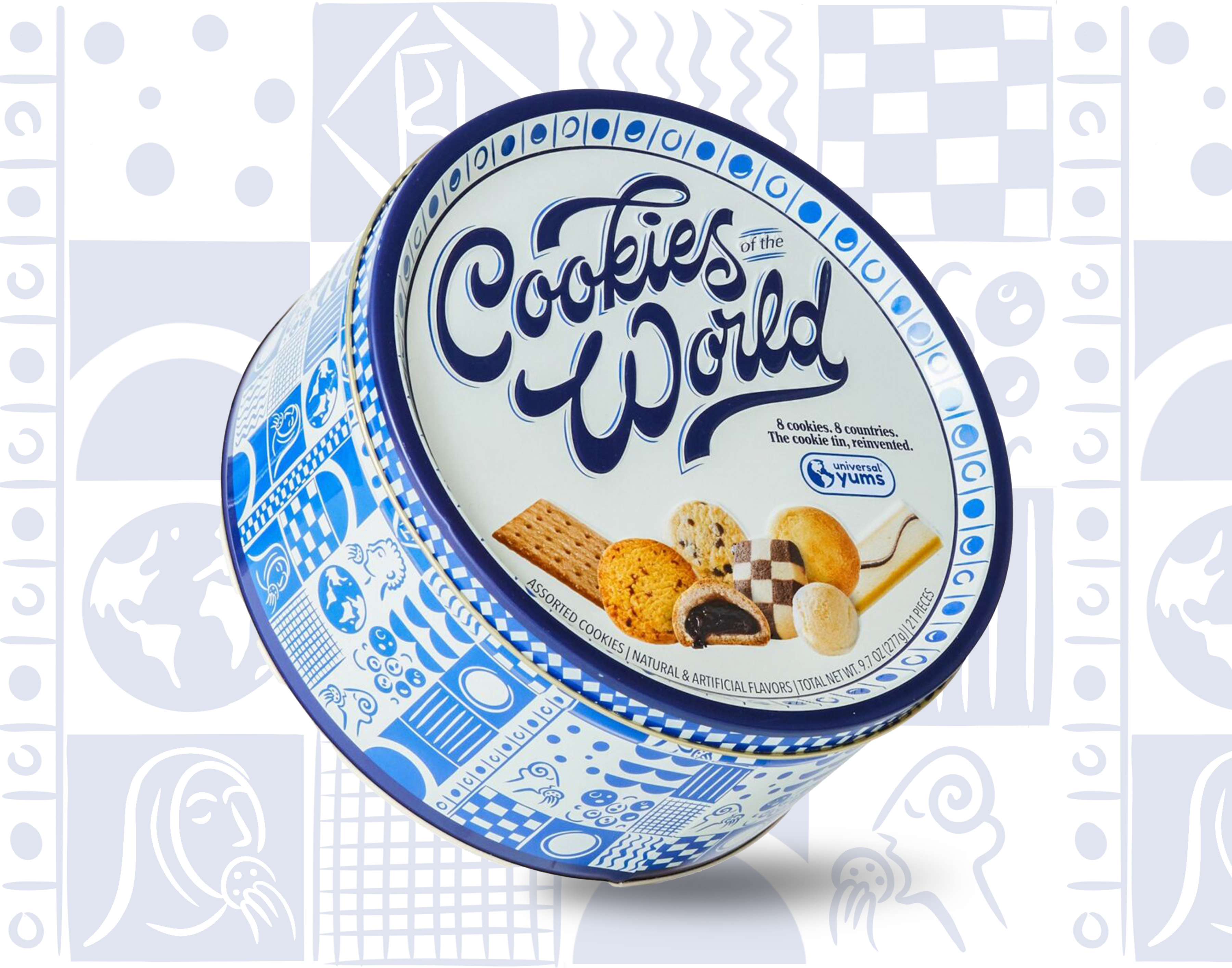 Cookies of the World – Universal Yums art direction branding cookie cookie packaging cookie tin cookies food packaging global graphic design illustration art lettering packaging packaging design pattern design snacks tin universal yums wordmark world