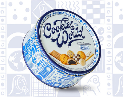 Cookies of the World – Universal Yums art direction branding cookie cookie packaging cookie tin cookies food packaging global graphic design illustration art lettering packaging packaging design pattern design snacks tin universal yums wordmark world