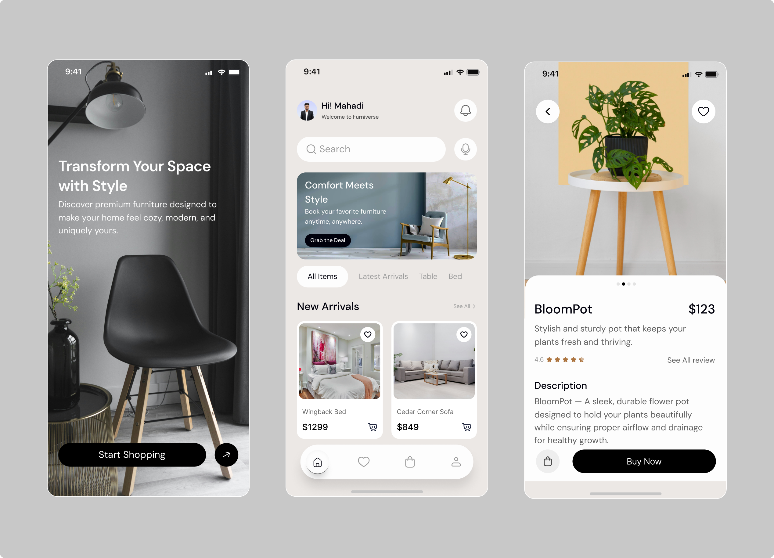 Modern Furniture App UI - Elegant Shopping Experience app interface clean ui ecommerce ui figma furniture app home decor app minimal design mobile app design product design shopping app ui design uiux ux design