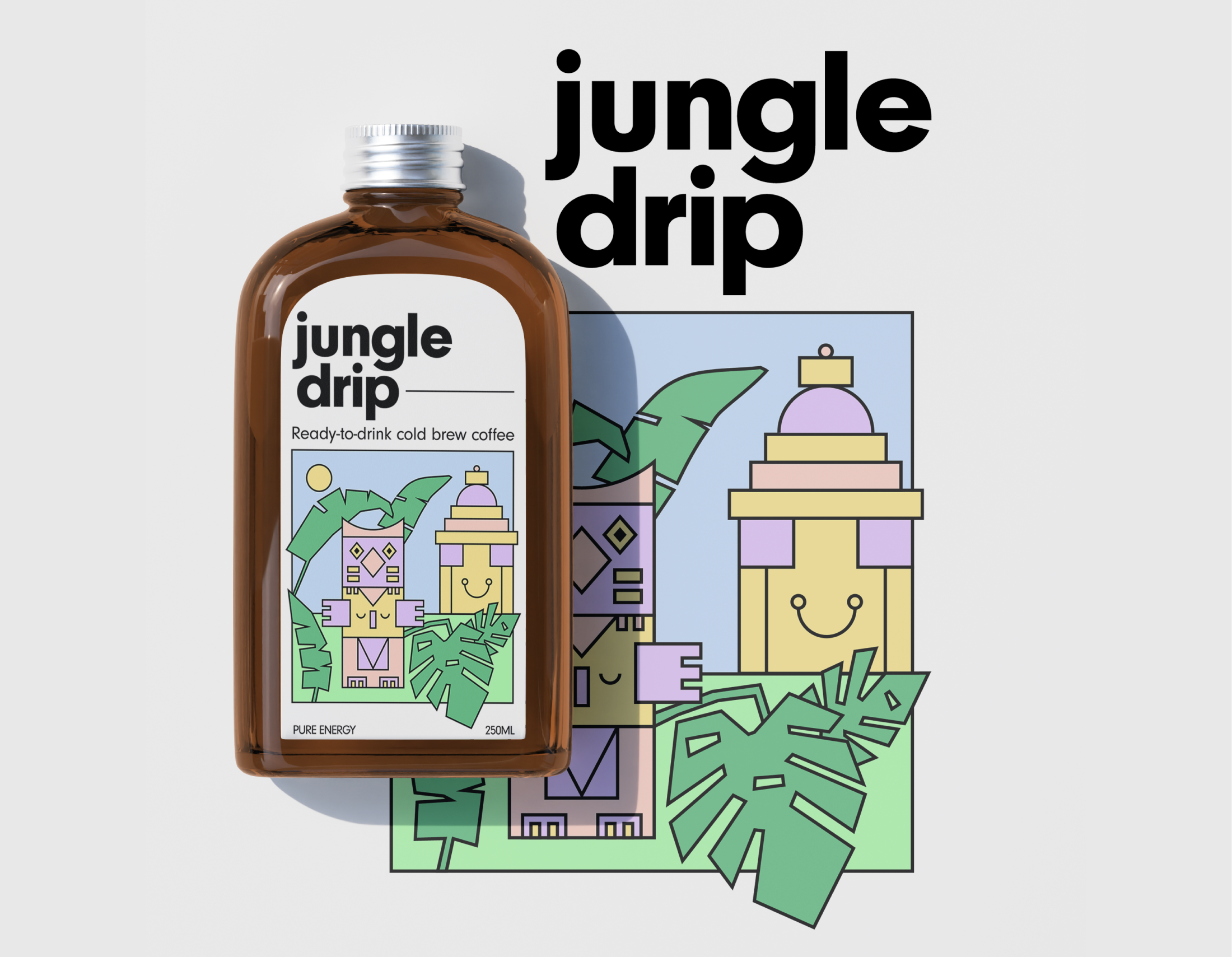 JUNGLE DRIP COLD BREW PACKAGING cafe coffee cold brew colorful exotic fun illustration layout merch minimal minimalism packaging packaging design playful print tropical tshirt