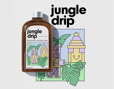 JUNGLE DRIP COLD BREW PACKAGING cafe coffee cold brew colorful exotic fun illustration layout merch minimal minimalism packaging packaging design playful print tropical tshirt