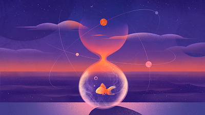 Drifting Through Time - Editorial Illustration on Mental Health article balance banner editorial fish goldfish graphic design hourclock illustration magazine magic meditation mental health mystery night planets sea sunset website