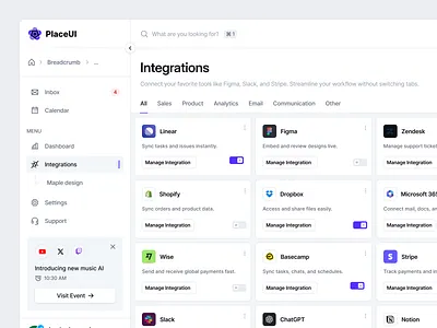 Integrations Page from PlaceUI Design System admin panel b2b saas clean ui dark mode dashboard design system figma ui integrations interface design light mode minimal design modern ui placeui product design saas dashboard tool integration ui design ui kit ux design web app