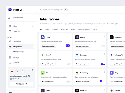 Integrations Page from PlaceUI Design System admin panel b2b saas clean ui dark mode dashboard design system figma ui integrations interface design light mode minimal design modern ui placeui product design saas dashboard tool integration ui design ui kit ux design web app