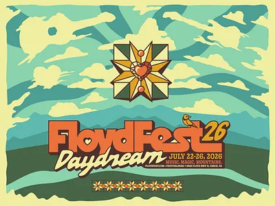 FloydFest26 Branding & Artwork badge border brand identity branding clouds daydream graphic design guitar heart illustration logo music festival music industry north carolina retro rock poster songbird sun vintage virginia