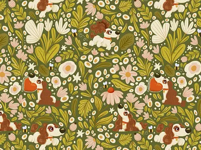 Spring Puppy Floral Pattern dogs floral floral pattern flowers hand drawn illustration plants procreate