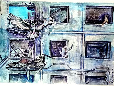 Original Watercolor Painting, Cat, Birds Doves, War Ukraine art bird hand painted handmade paint painting ukraine war