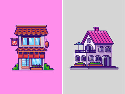 Cafe House Building☕🏠🌿 aesthetic architecture branding building cafe cozy doodle exterior flat food home house icon illustration interior design japanese logo ramen restaurant