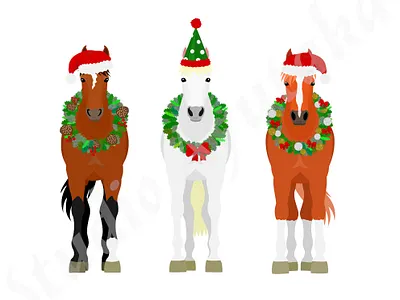 set of three horses with Christmas decorations animal cartoon christmas cute design digital art graphic design horse illustration