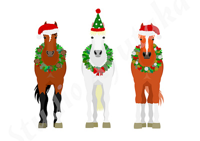 set of three horses with Christmas decorations animal cartoon christmas cute design digital art graphic design horse illustration