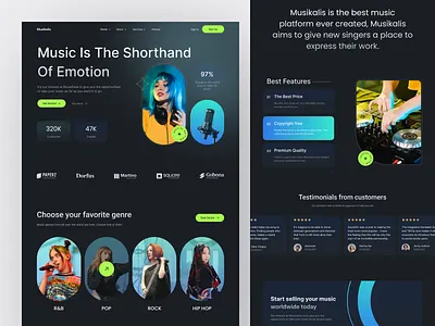 Musikalis - Online Music Streaming Website download landing page listening mp3 music music player online platform player publisher service sportify streaming ui ux web design website youtube