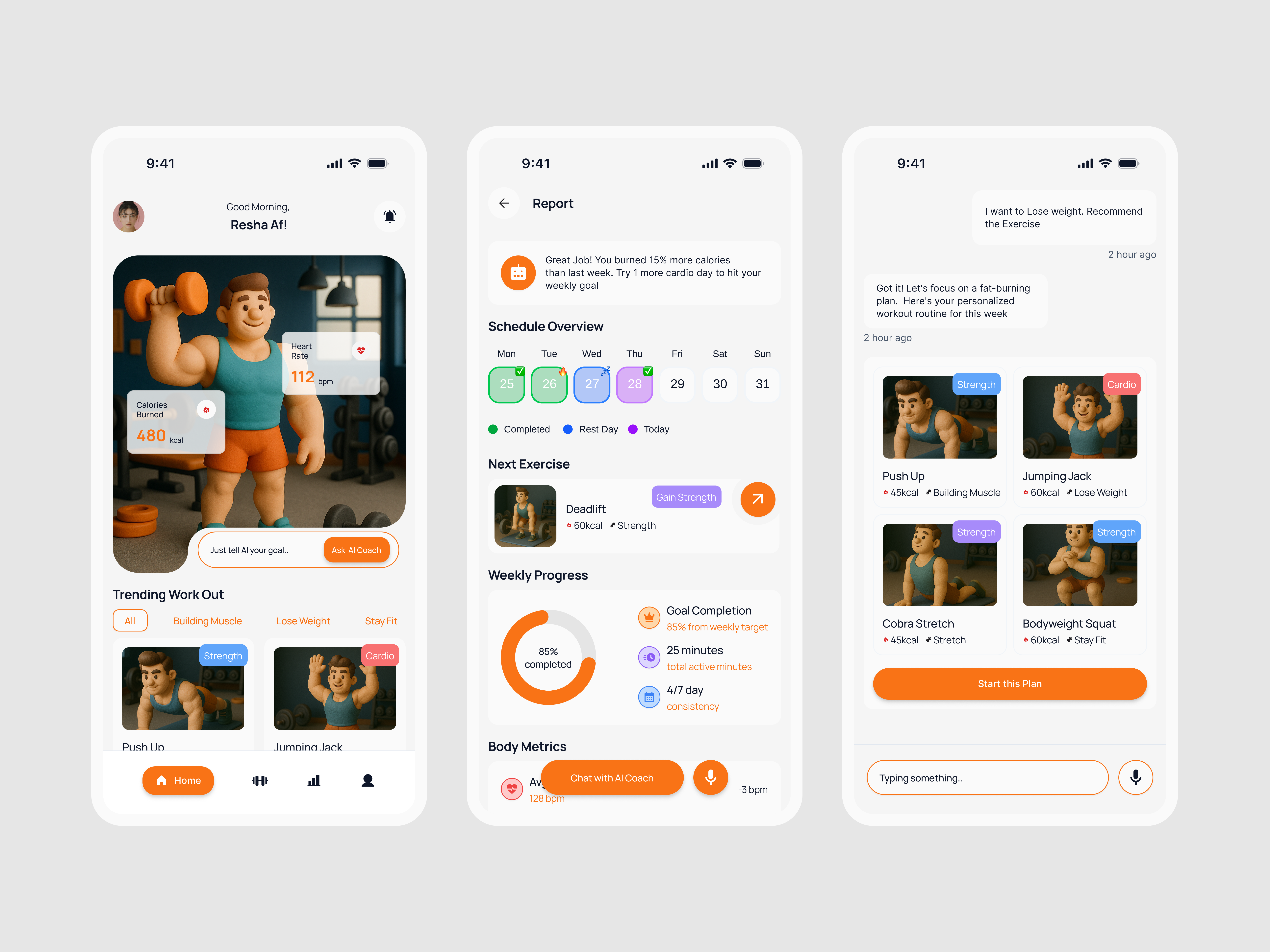 OrangiFit - Your Smart AI Fitness Coach 3d design figma fitnes fitnescoach graphic design gym mobileapp motion graphics orange ui uidesign