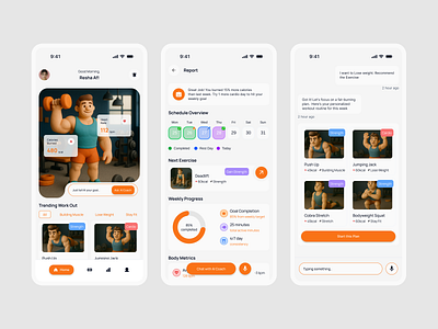 OrangiFit - Your Smart AI Fitness Coach 3d design figma fitnes fitnescoach graphic design gym mobileapp motion graphics orange ui uidesign
