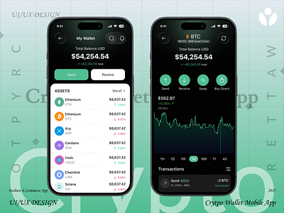 Crypto Wallet Mobile App UI Design app concept bitcoin crypto app crypto dashboard crypto wallet cryptocurrency dark mode digital wallet ethereum finance app fintech fintech design investment app minimal design mobile app modern ui ui design ux design wallet app