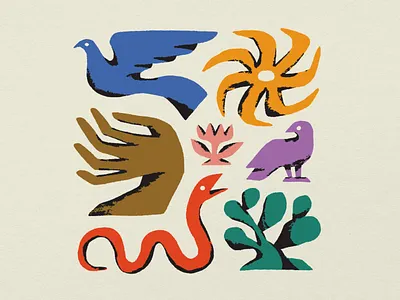 some shapes with shading bird cactus color palette design drawing flower hand illustration illustrator procreate shapes snake sun