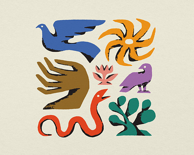 some shapes with shading bird cactus color palette design drawing flower hand illustration illustrator procreate shapes snake sun