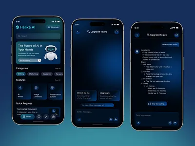 Ai Helixer Mobile App ai app design ai assistant app prototype artificial intelligence clean ui creative dashboard dark mode design data visualization dribbble inspiration futuristic ui gradient ui minimal interface mobile app concept modern app design next generation app product design tech innovation ui concept user experience ux ui design