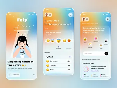 Fely – Mood Tracking & Self-Awareness App UI app design daily mood emotional wellness mental health app mindfulness minimal mobile app modern interface mood tracker pastel colors self awareness ui design ux design
