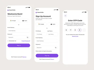 Mobile App Authentication UI – Sign in Sign up & Enter OTP Code 3d all app animation app flow design app login signup app onboarding authentication ui create account figma design log in login signup flow mobile app design mobile ux onboarding otp verification register sign in screen sign up screen ui user interface design