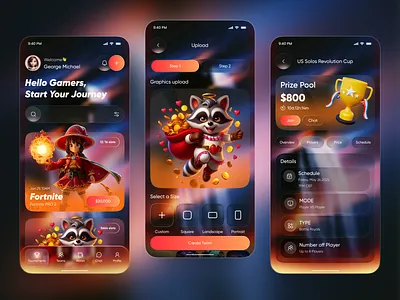 Gaming Tournament App — eSports Team Battle & Prize UI Design 3d ui app design battle royale esports esports app esports ui fortnite app game tournament game ui gaming app glassmorphism match scheduling mobile mobile app neon ui player stats prize details team creation tournament app ui design