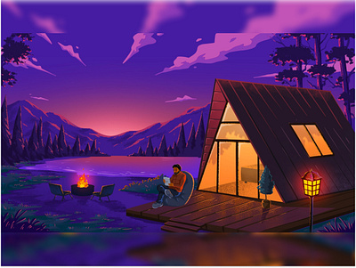 Healing at The Cabin assets cabin cover design healing holiday home house illustration lake landscape mountain property scenery view