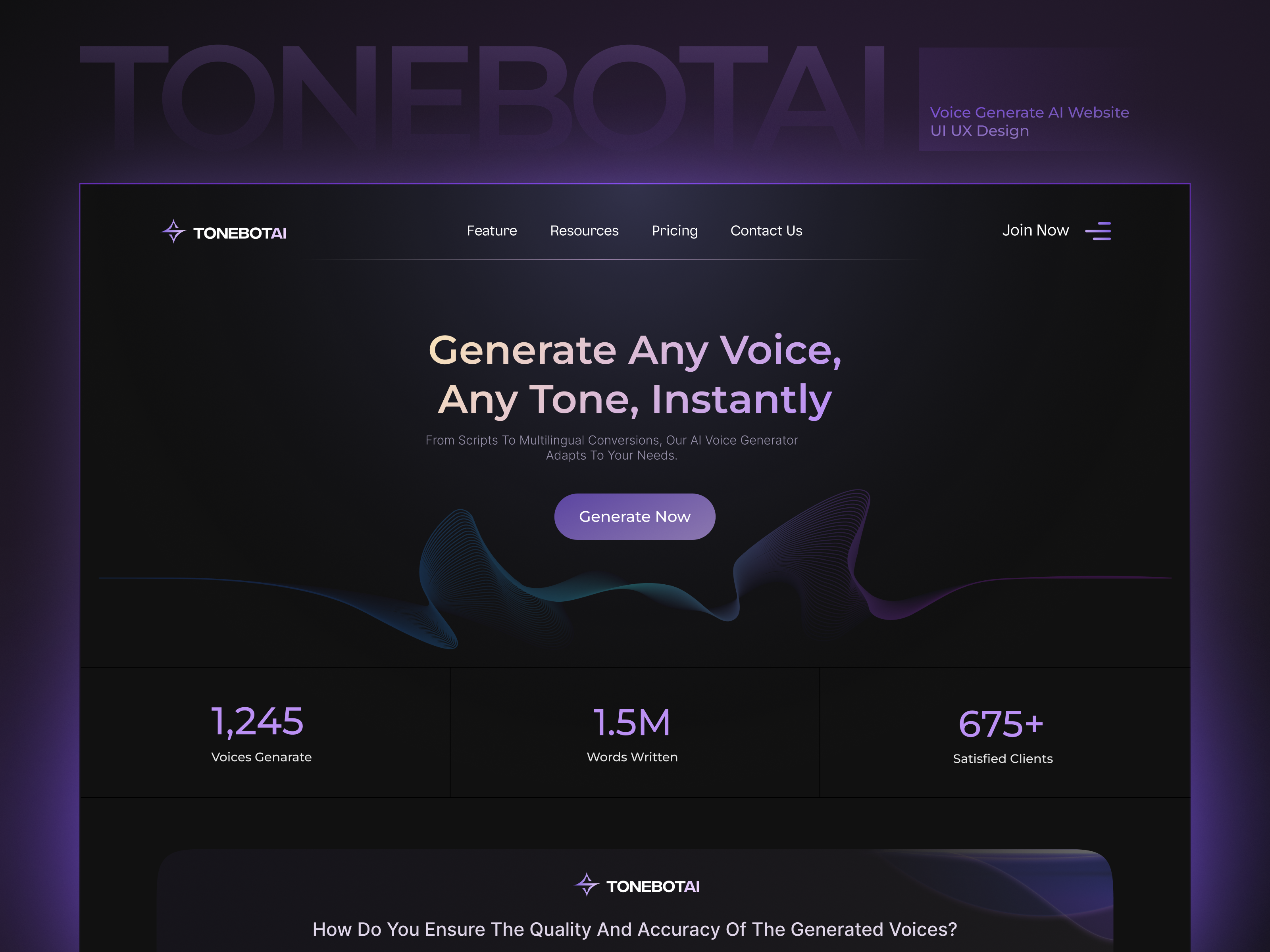 Website Landing Page UI/UX Design for AI Voice Generator Platfor ai ai voice generator ai website dark theme dark theme ui darkmode design dribbble figma landing page design landingpage lighting effects portfolio ui design uiux uiux design ux design website design