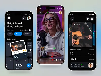 Social Media Mobile App app design clean interface creative ui daily trends dark mode design concept design inspiration minimal design mobile app mobile ux modern ui podcast app product design social media app trend app ui design ux design vibecast video app visual design