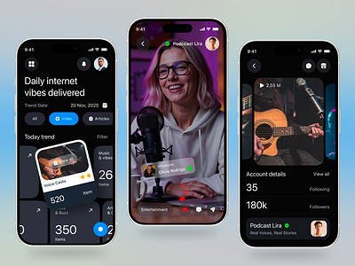 Social Media Mobile App app design clean interface creative ui daily trends dark mode design concept design inspiration minimal design mobile app mobile ux modern ui podcast app product design social media app trend app ui design ux design vibecast video app visual design