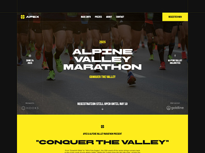 apex event: race landing page design template black bold branding clean design event figma framer graphic design landing page race ready running structured template ui ux web website yellow