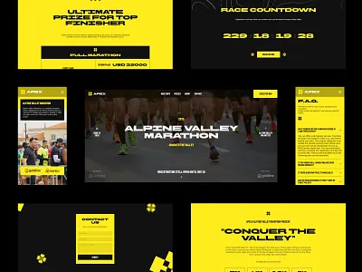 apex event: race landing page design template black bold branding clean design event figma framer landing page race ready running structured template ui ux web website yellow