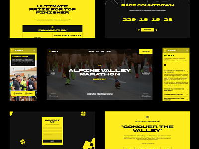 apex event: race landing page design template black bold branding clean design event figma framer landing page race ready running structured template ui ux web website yellow