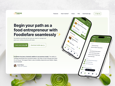 🧑🏻‍🍳 Foodiefare • Partners Landing Page area cooking delivery design faq food guide hero landing page meal mobile app mockup online online delivery partners testimonial ui ux web design website