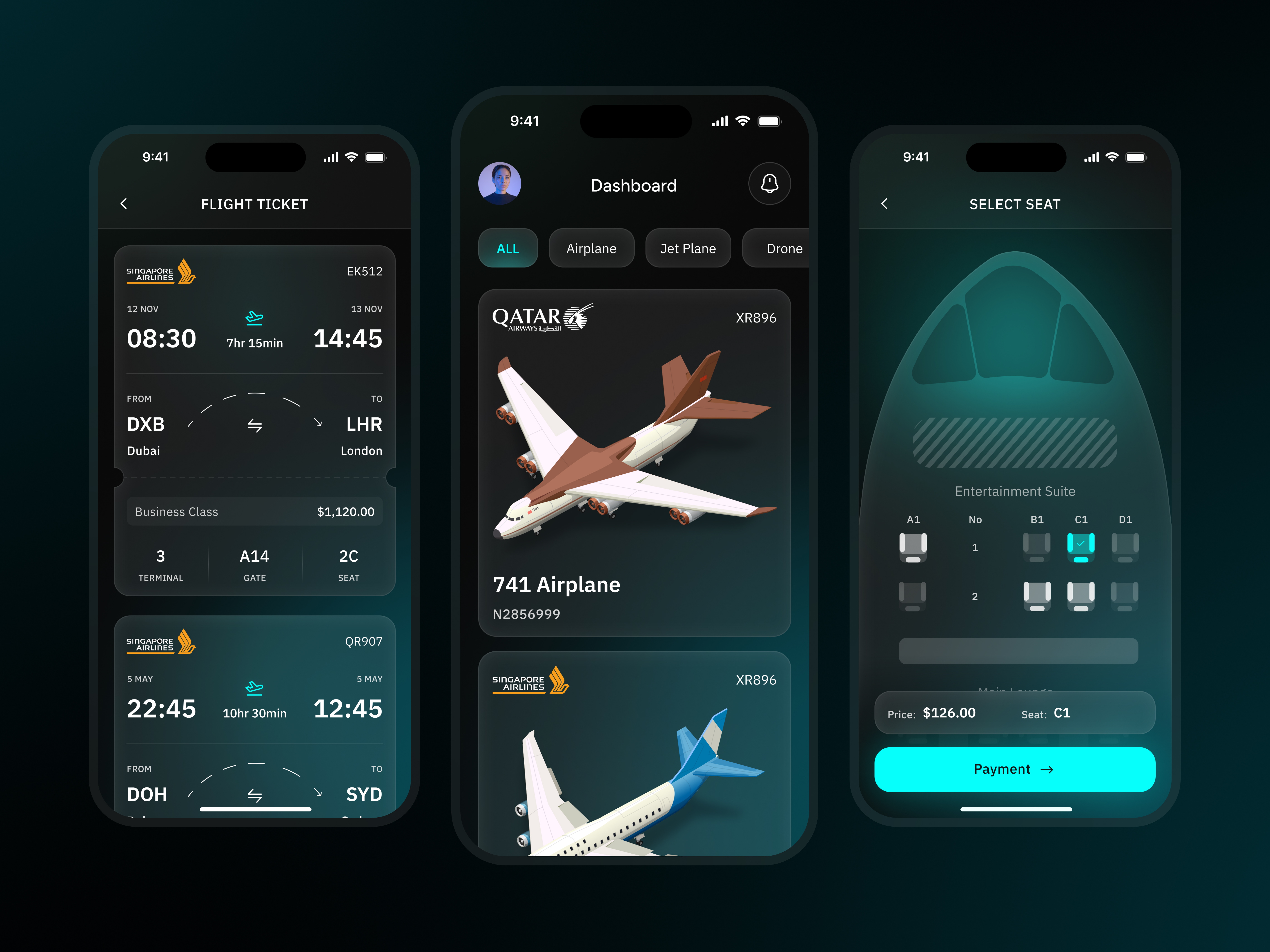 Example of Flight Booking App UI Concept (Dark Mode)