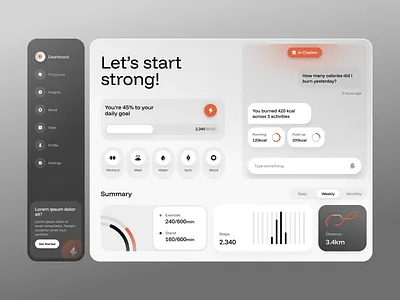 AI-Driven Fitness App — Desktop Exploration ai chat chatbot clean consultation dashboard design fitness futuristic graph minimal modern personal assistant product design stats ui ux web app website workout