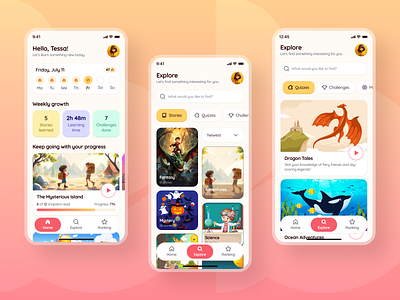 Kids educational game app app for kids book challenge clean design education game interface kids app kids study learning mobile app play product quiz story study ui ux
